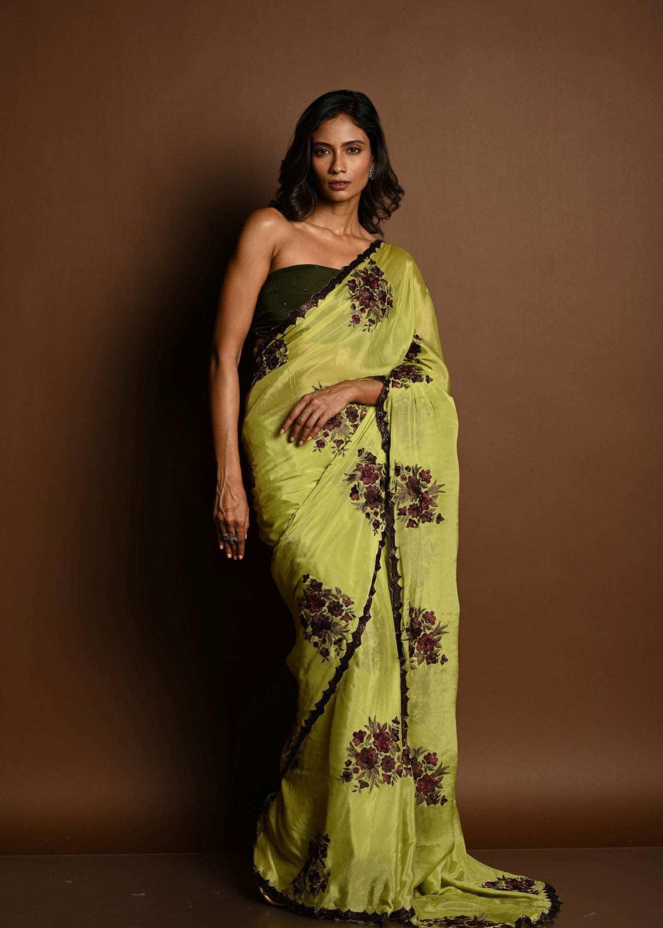 Olive Green Beautiful Thread Embroidery Sequin Floral Work on Satin Silk Saree - Image 1