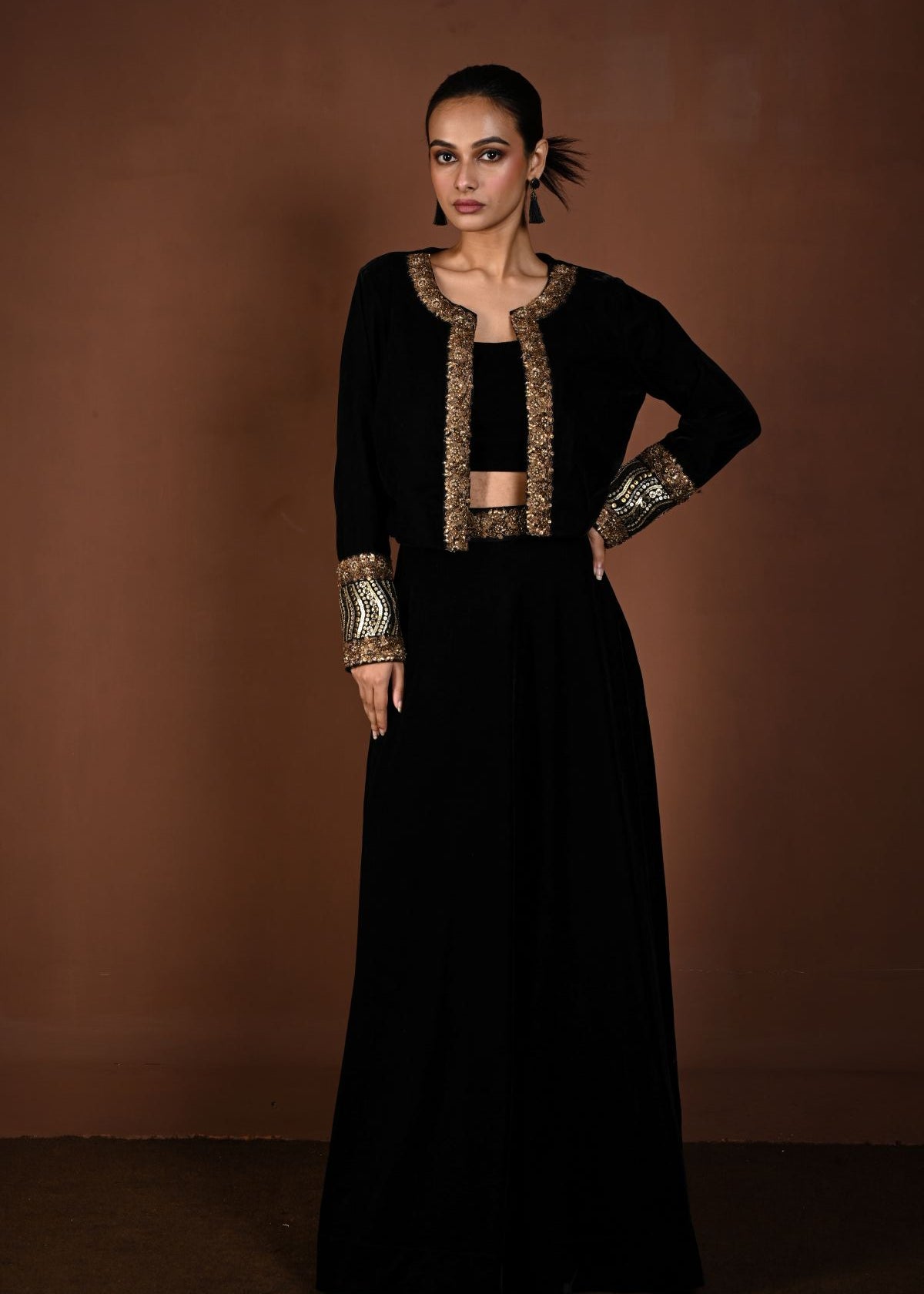 Black Hand Embroidered Velvet Lehenga with Jacket - Anvi Couture