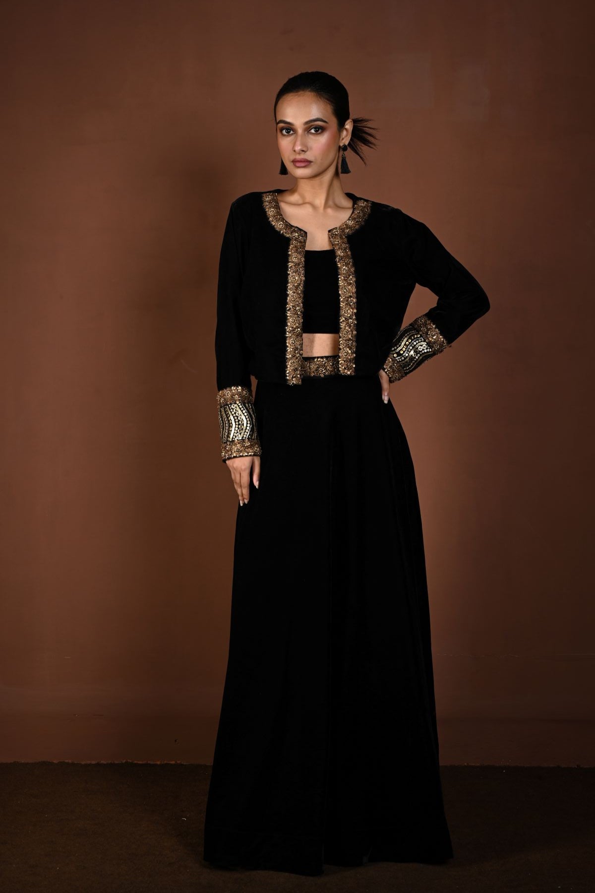 Black Hand Embroidered Velvet Lehenga with Jacket - Anvi Couture