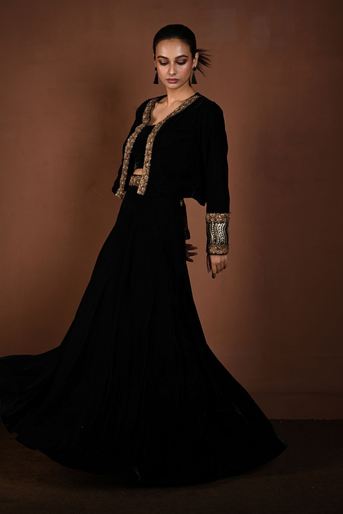 Black Hand Embroidered Velvet Lehenga with Jacket - Anvi Couture