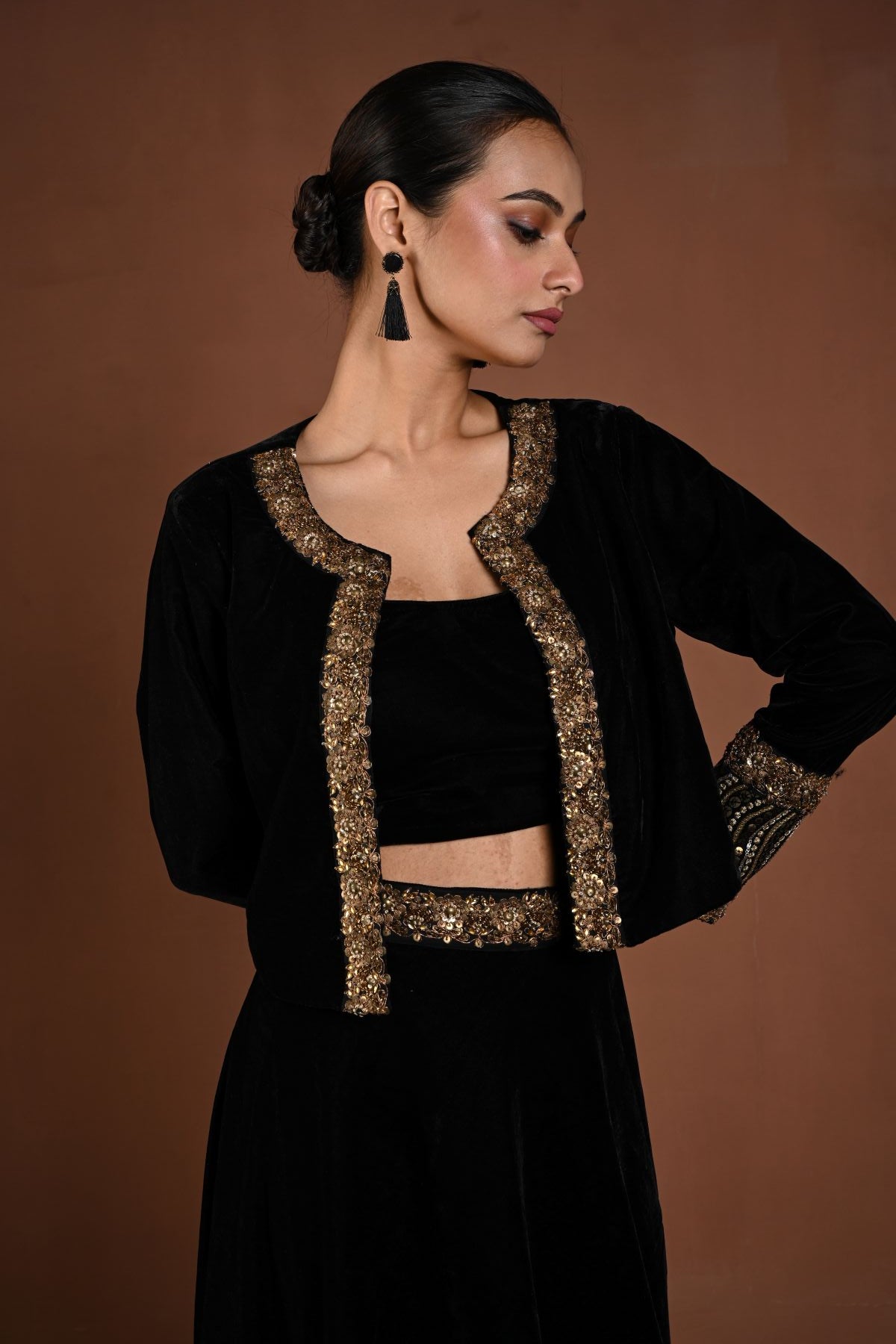 Black Hand Embroidered Velvet Lehenga with Jacket - Anvi Couture