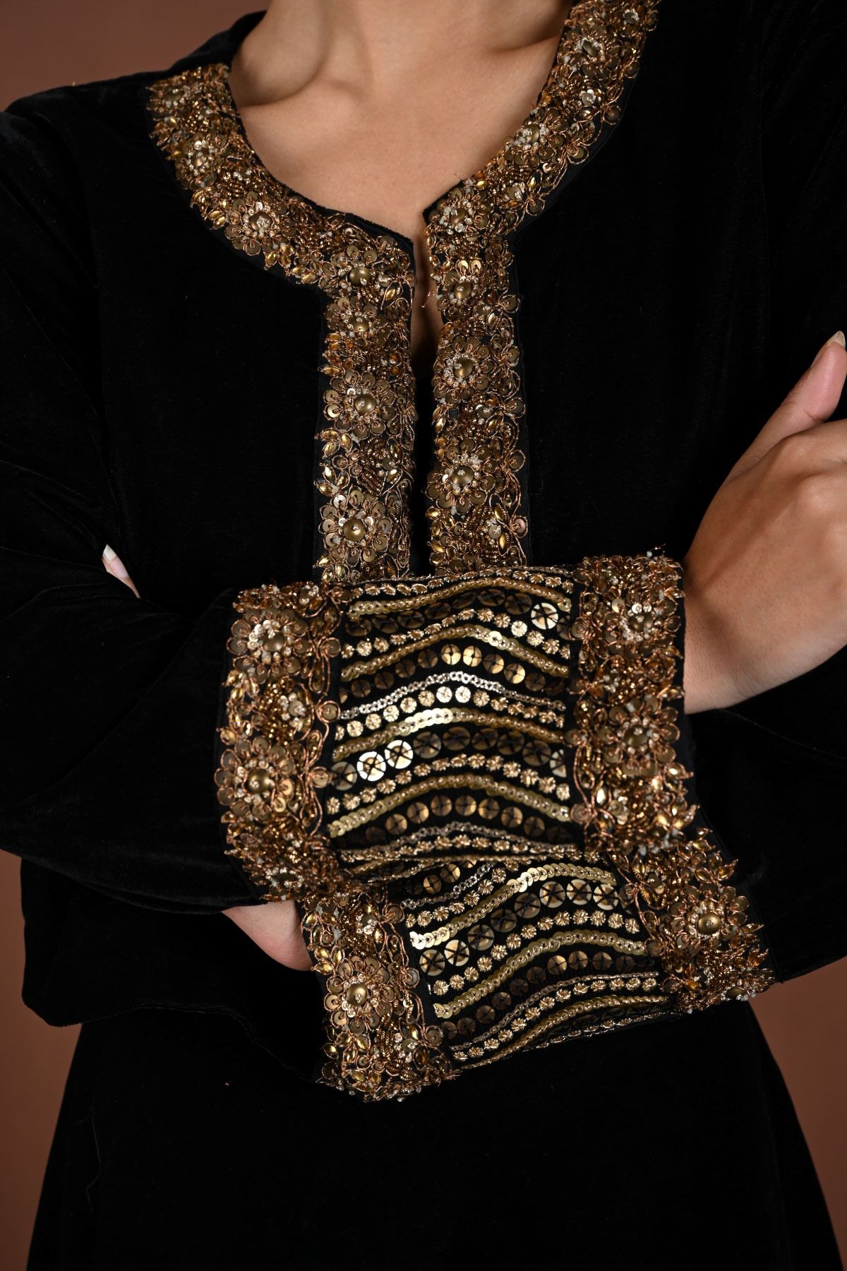 Black Hand Embroidered Velvet Lehenga with Jacket - Anvi Couture