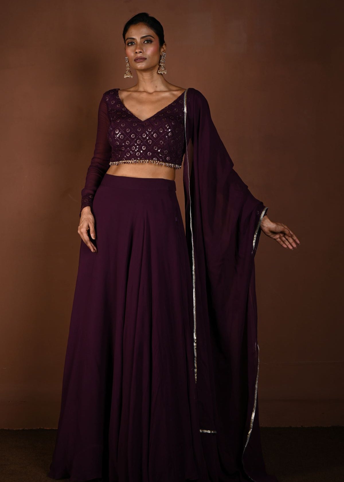 Purple Lehenga with Sequin Work Full Sleeve Choli and Matching Dupatta - Anvi Couture