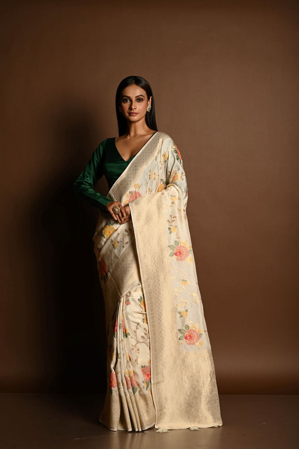 Handloom White Satin Silk Banarasi Saree with Meenakari Work - Image 1