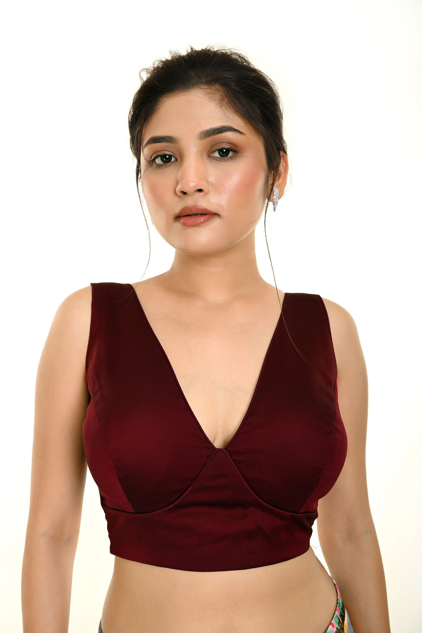 Dark Purple Sleeveless Silk Organza Blouse in Deep V Neckline - Anvi Couture