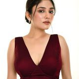 Dark Purple Sleeveless Silk Organza Blouse in Deep V Neckline - Anvi Couture