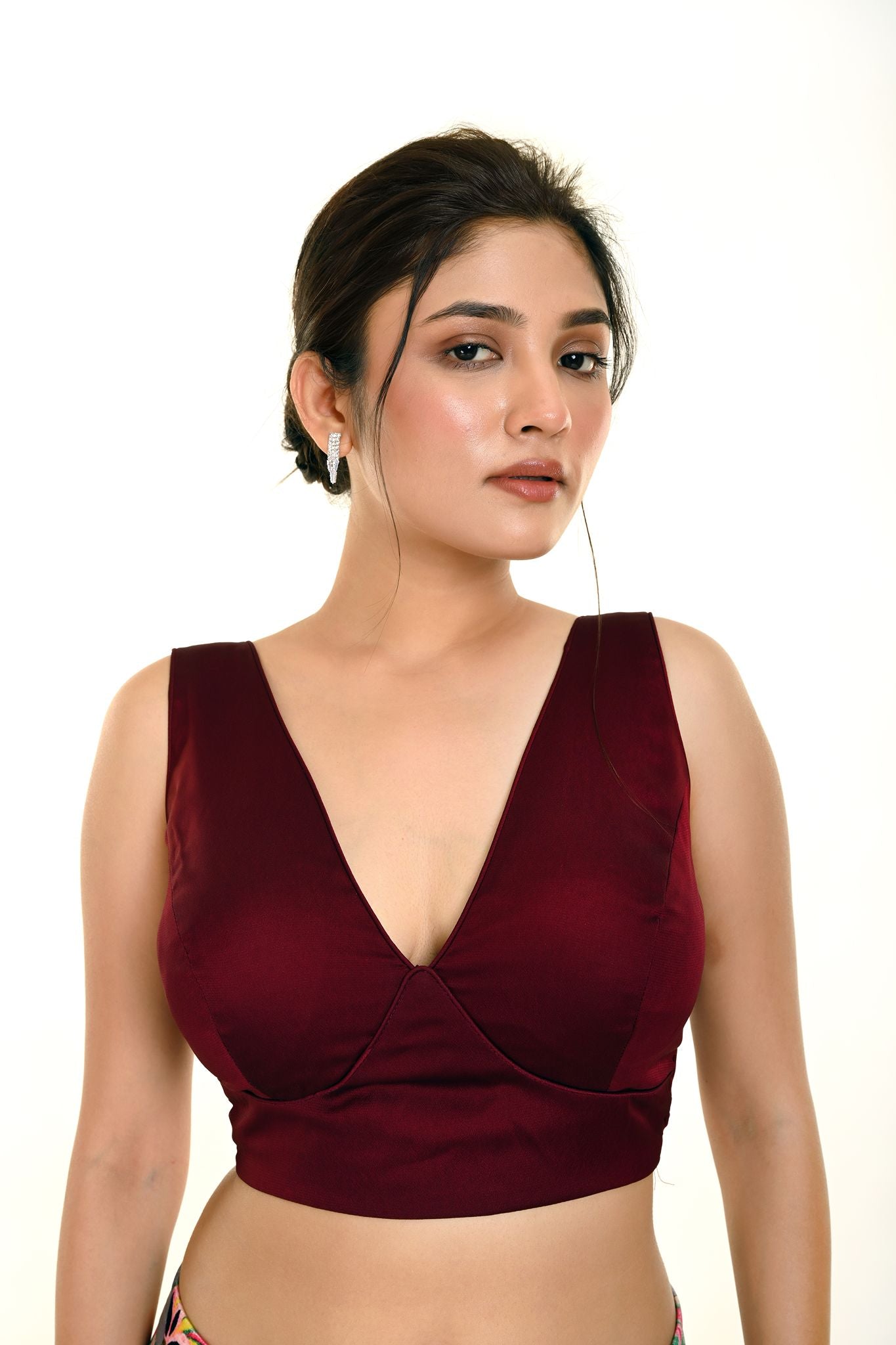 Dark Purple Sleeveless Silk Organza Blouse in Deep V Neckline - Anvi Couture