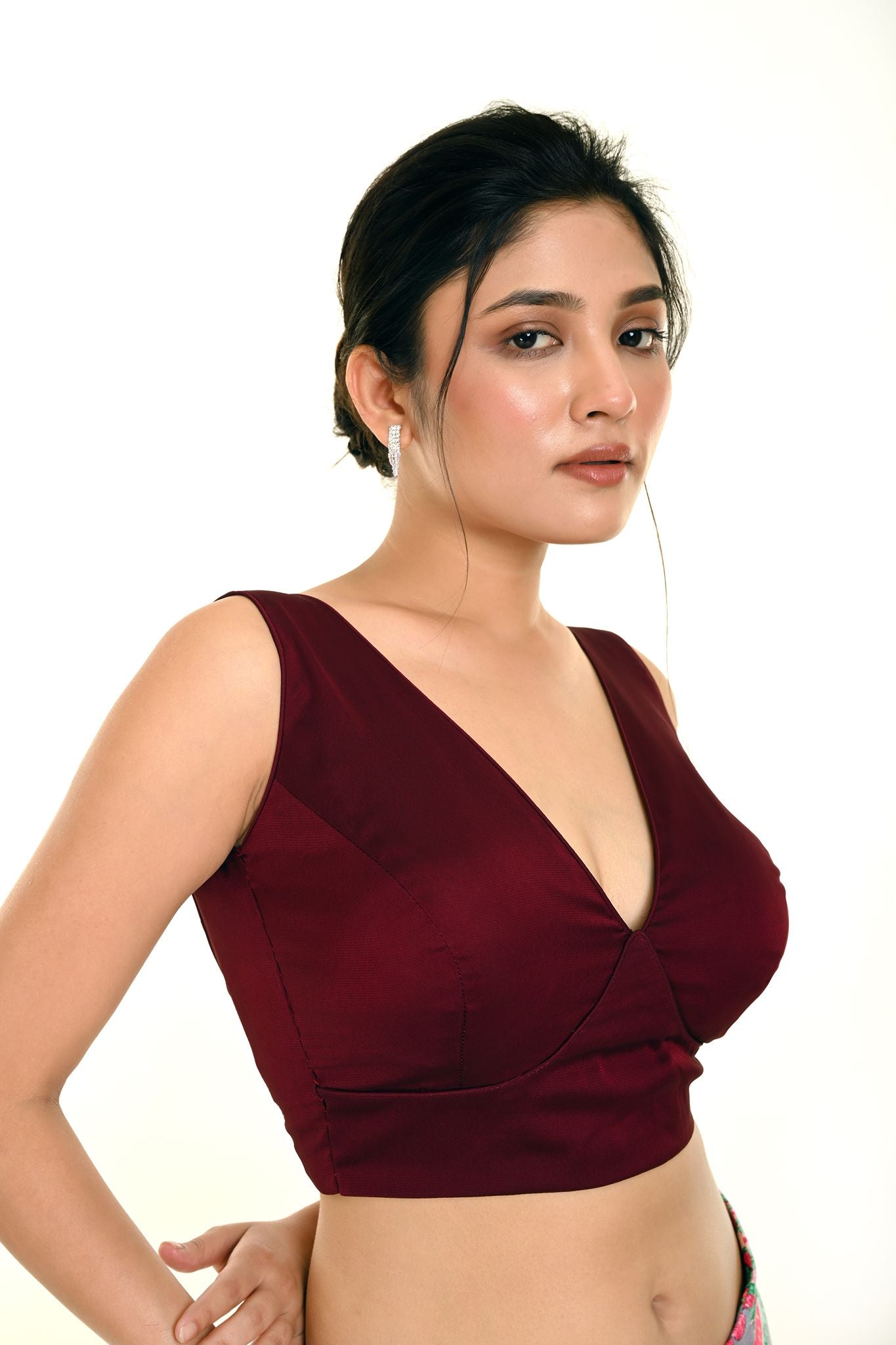 Dark Purple Sleeveless Silk Organza Blouse in Deep V Neckline - Anvi Couture