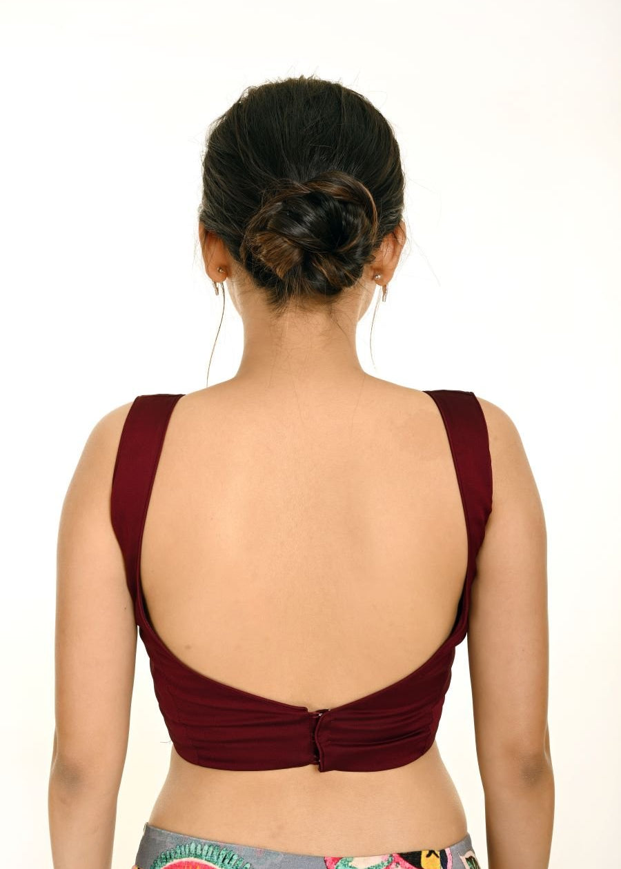 Wine Color Deep V - Neck Sleeveless Blouse - Anvi Couture