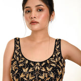 Black Cutdana Hand Embroidered Sleeveless Georgette Blouse in U Neckline - Anvi Couture