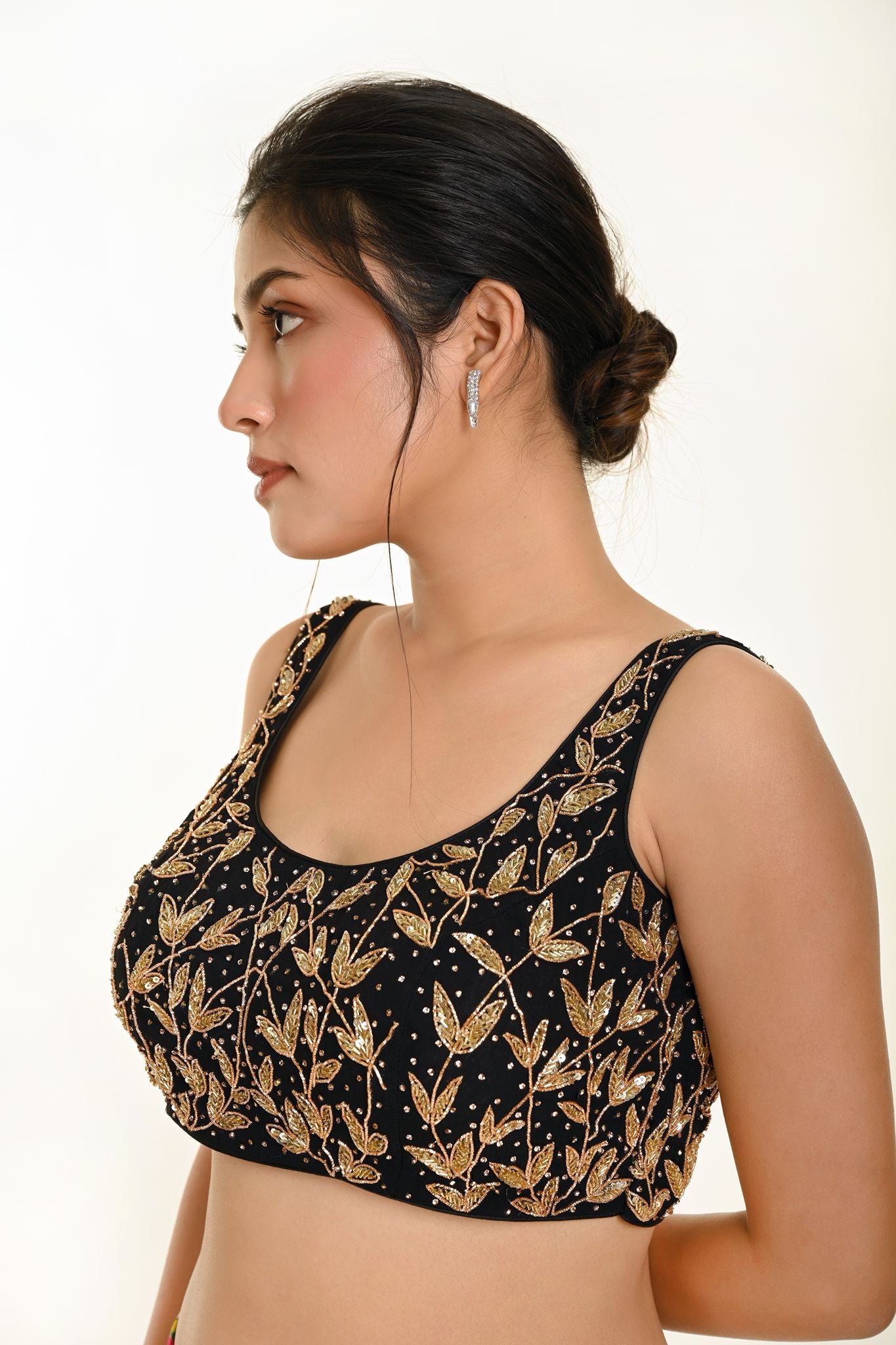 Black Cutdana Hand Embroidered Sleeveless Georgette Blouse in U Neckline - Anvi Couture