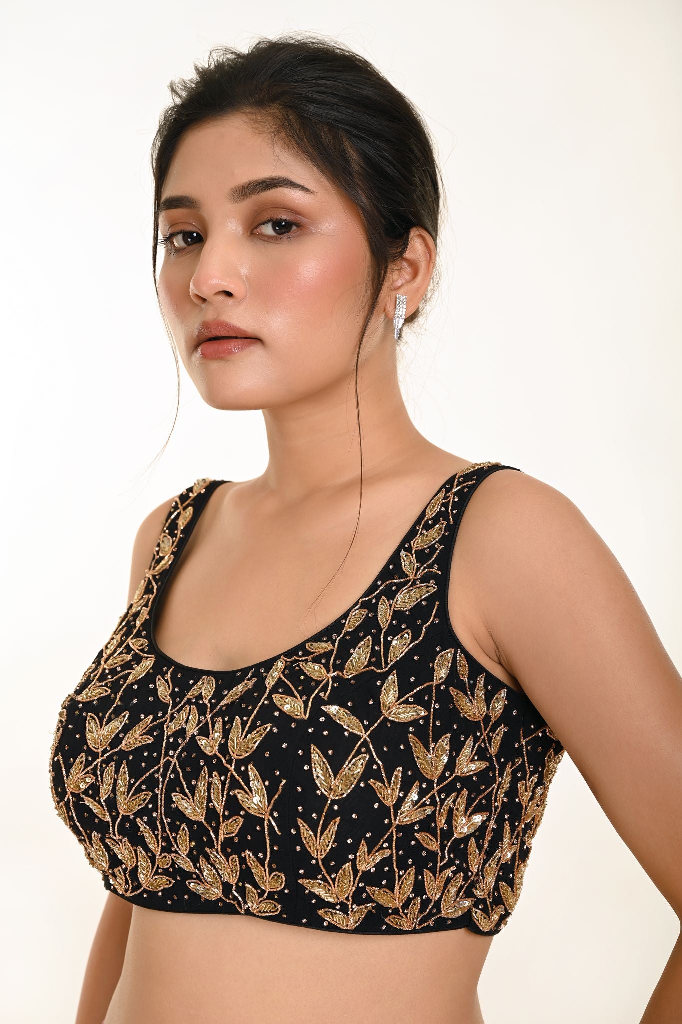 Black Cutdana Hand Embroidered Sleeveless Georgette Blouse in U Neckline - Anvi Couture