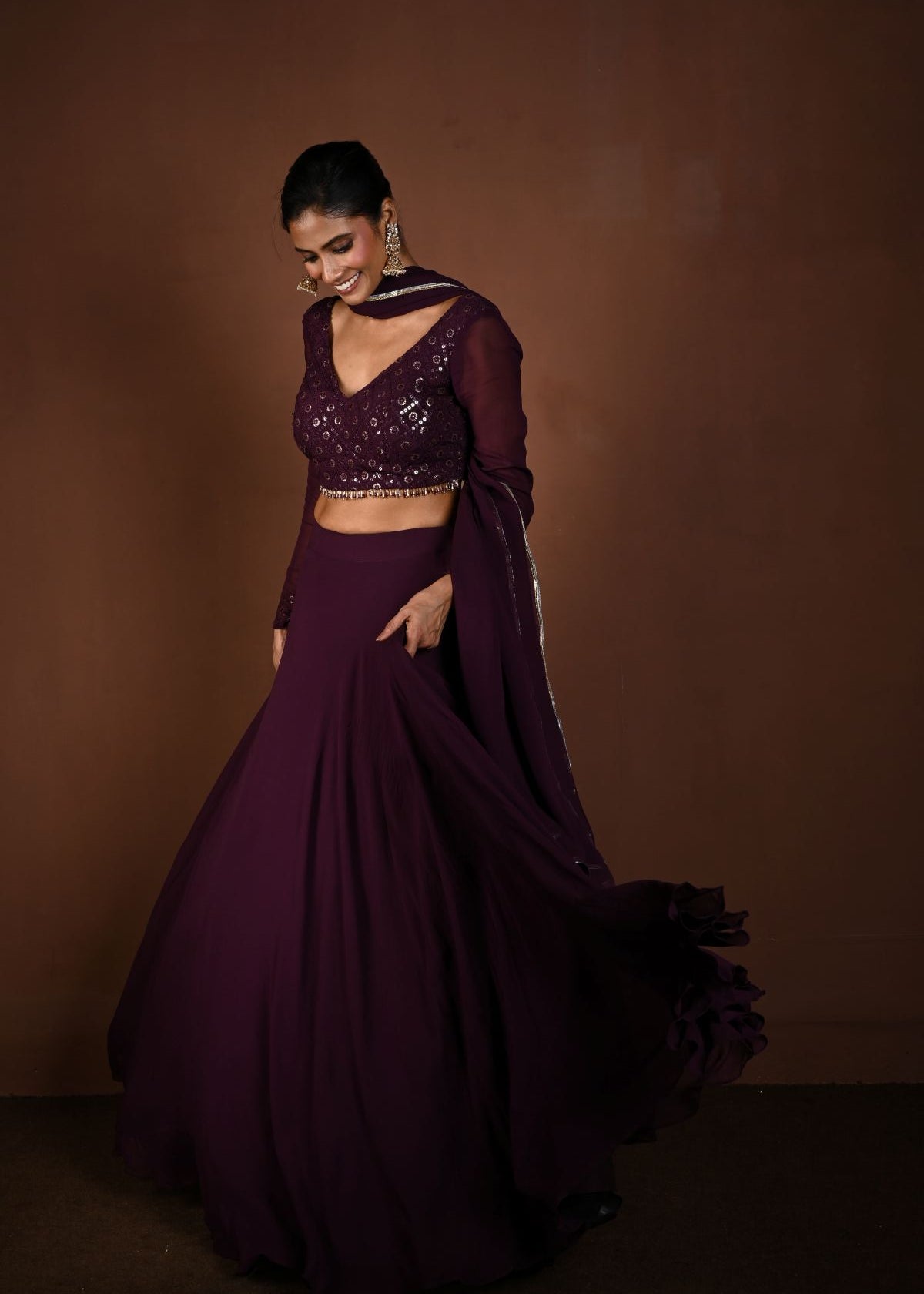 Purple Lehenga with Sequin Work Full Sleeve Choli and Matching Dupatta - Anvi Couture
