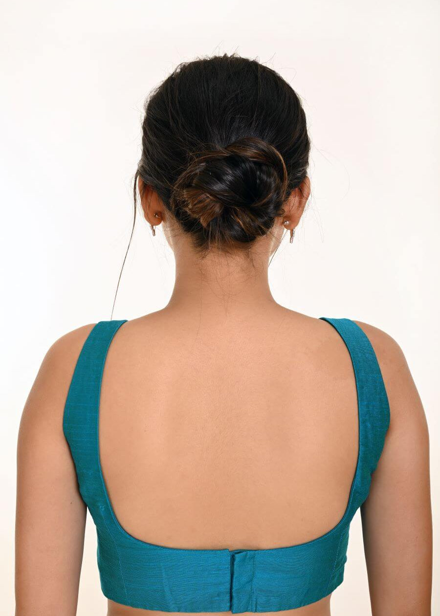 Firozi Blue Sleeveless Blouse in Raw Silk With Broad U-Neckline in the Back