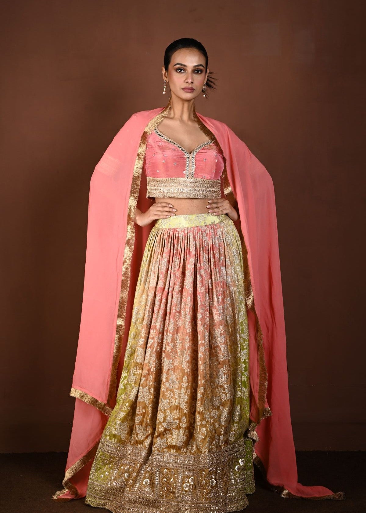 Pink Banarasi Lehenga Set with Mirror Embroidery and Sequin Work - Anvi Couture