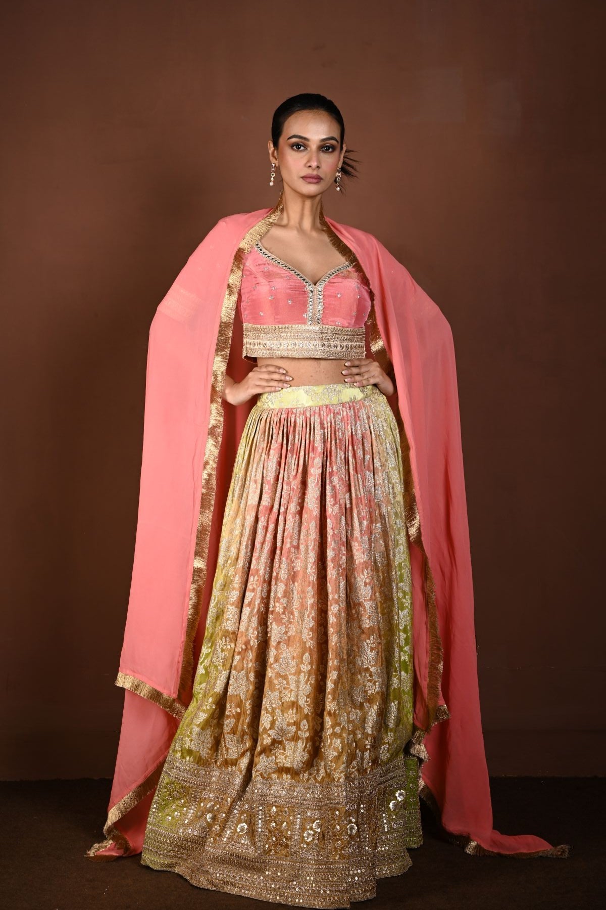 Pink Banarasi Lehenga Set with Mirror Embroidery and Sequin Work - Anvi Couture