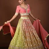 Pink Banarasi Lehenga Set with Mirror Embroidery and Sequin Work - Anvi Couture