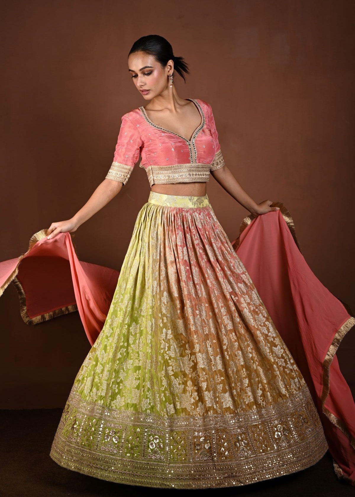 Pink Banarasi Lehenga Set with Mirror Embroidery and Sequin Work - Anvi Couture