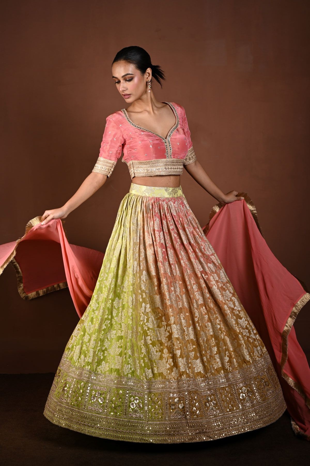 Pink Banarasi Lehenga Set with Mirror Embroidery and Sequin Work - Anvi Couture