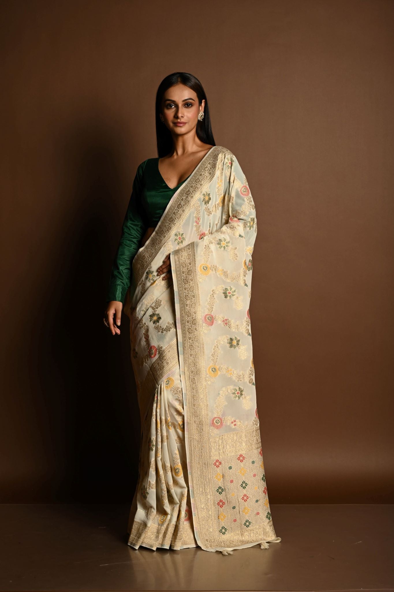 Elegant White Satin Silk Banarasi Saree with Meenakari Work - Image 1