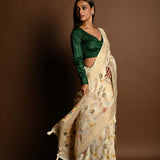 Elegant White Satin Silk Banarasi Saree with Meenakari Work - Image 3