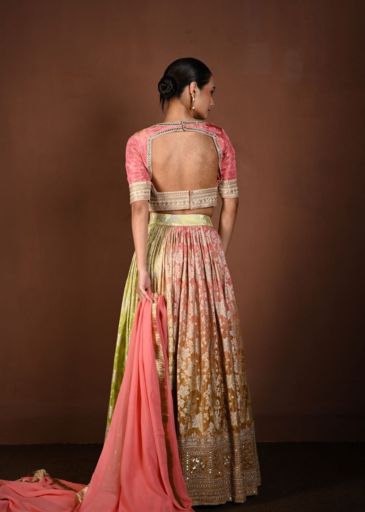 Pink Banarasi Lehenga Set with Mirror Embroidery and Sequin Work - Anvi Couture
