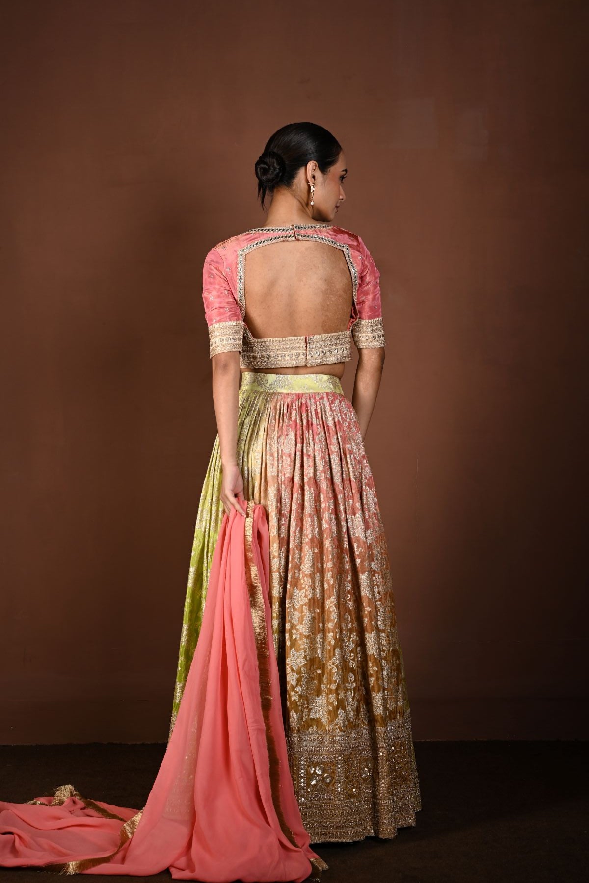 Pink Banarasi Lehenga Set with Mirror Embroidery and Sequin Work - Anvi Couture