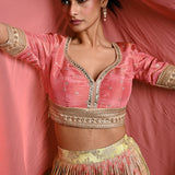 Pink Banarasi Lehenga Set with Mirror Embroidery and Sequin Work - Anvi Couture