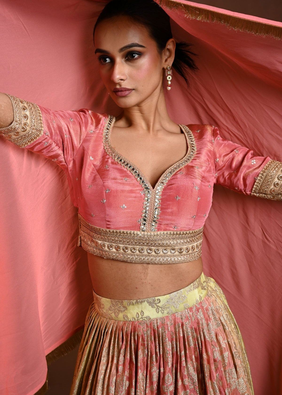 Pink Banarasi Lehenga Set with Mirror Embroidery and Sequin Work - Anvi Couture