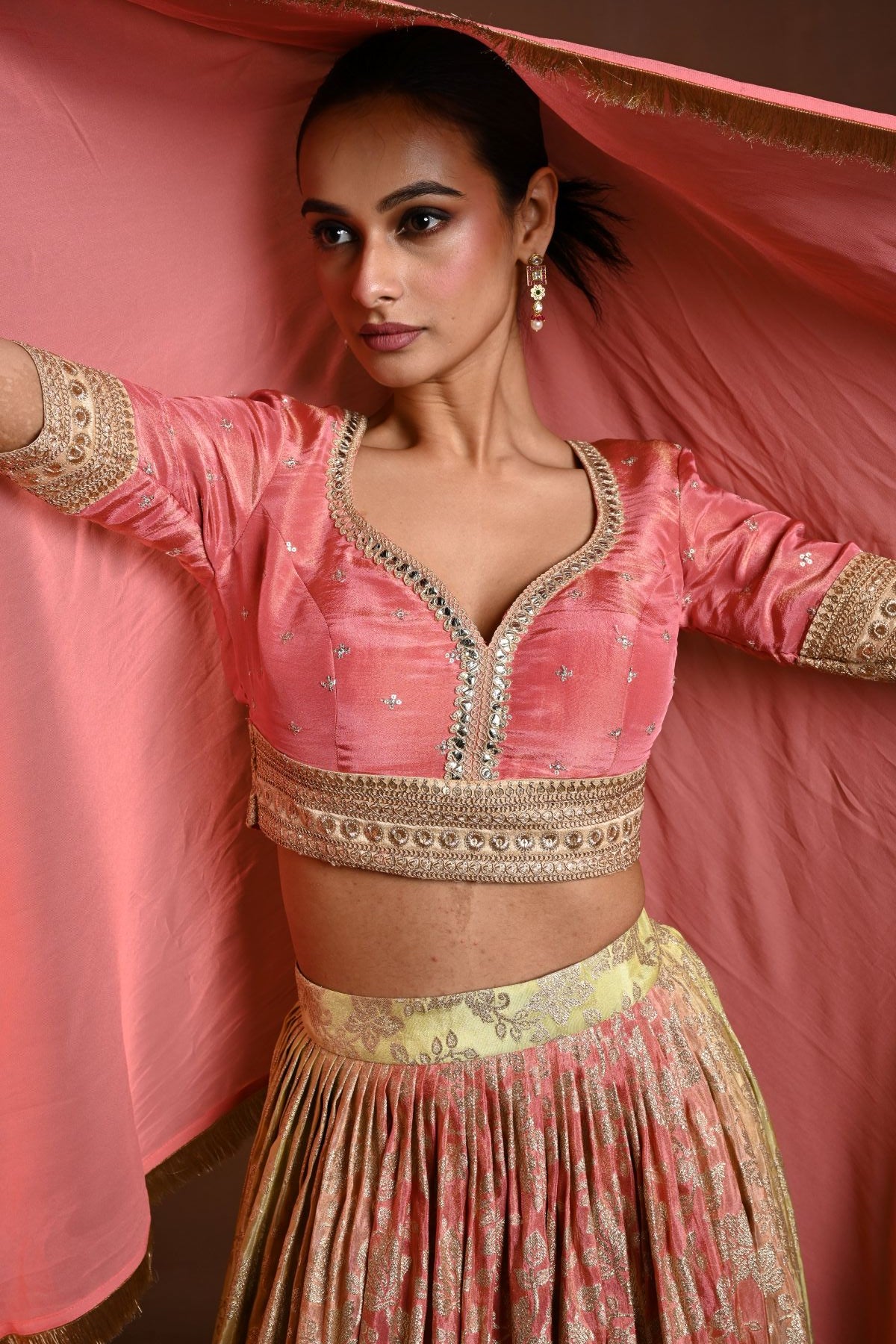 Pink Banarasi Lehenga Set with Mirror Embroidery and Sequin Work - Anvi Couture