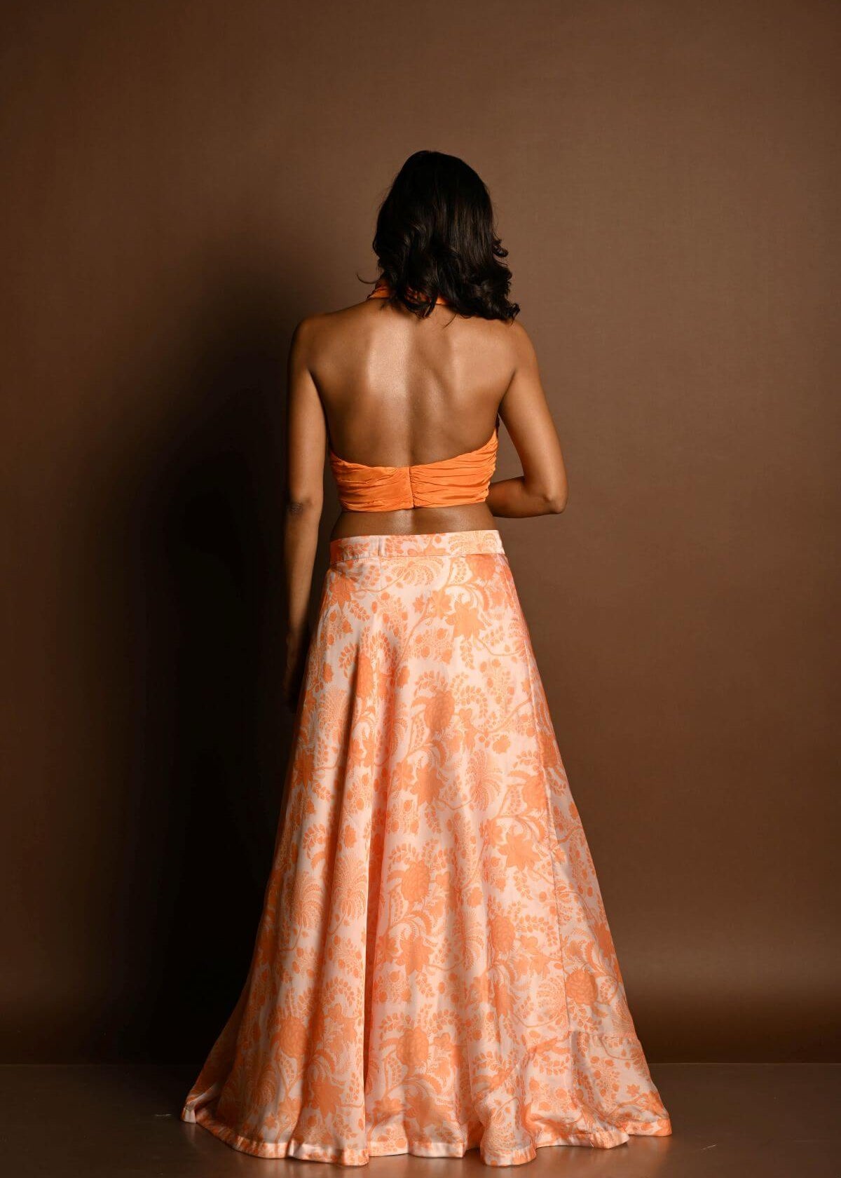 Orange Lehenga Set with Halter Neck Top and Printed Skirt - Anvi Couture