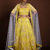 Yellow Lehenga Choli with White Floral Embroidery and White Net Dupatta - Anvi Couture