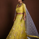 Yellow Lehenga Choli with White Floral Embroidery and White Net Dupatta - Anvi Couture