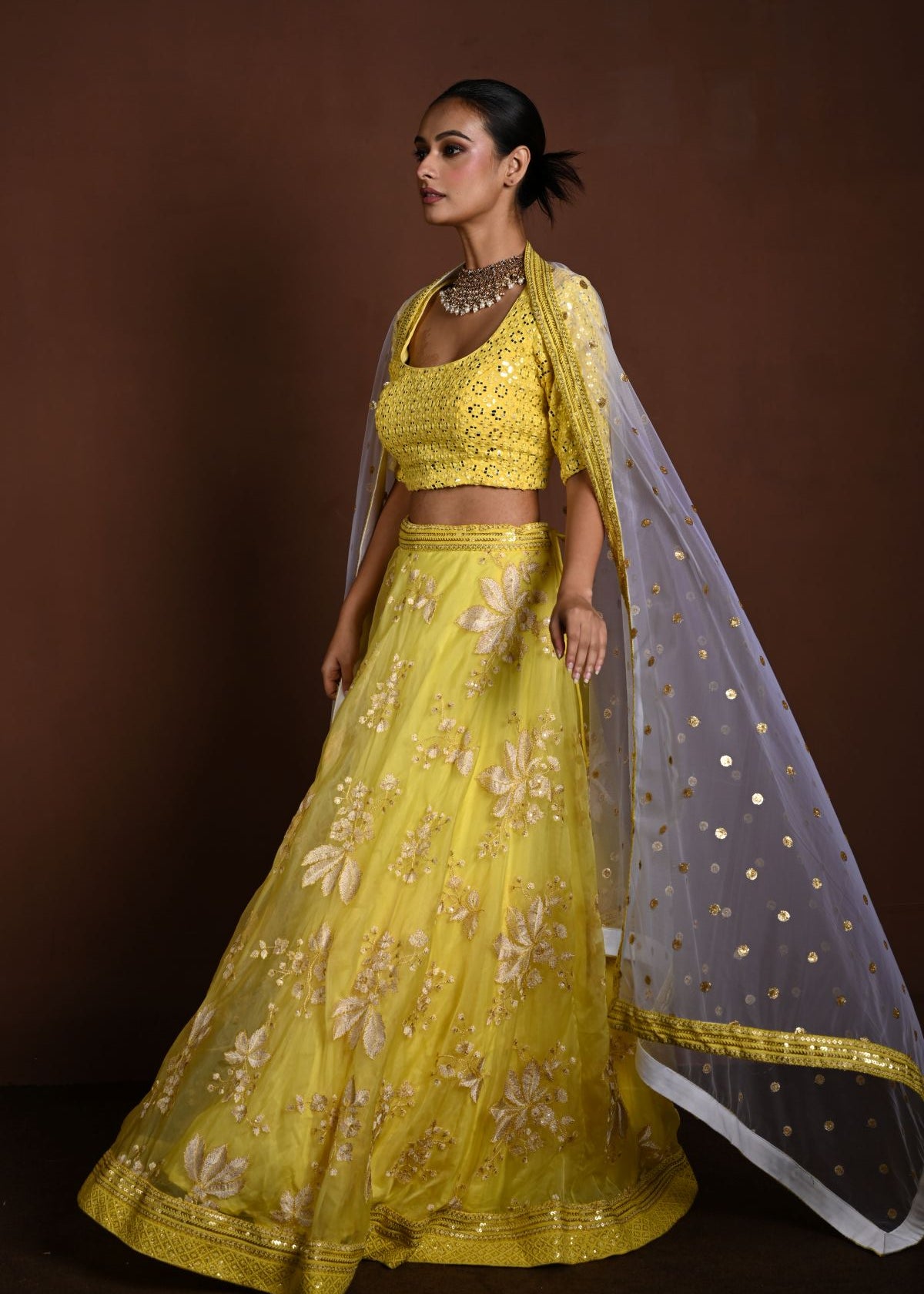 Yellow Lehenga Choli with White Floral Embroidery and White Net Dupatta - Anvi Couture