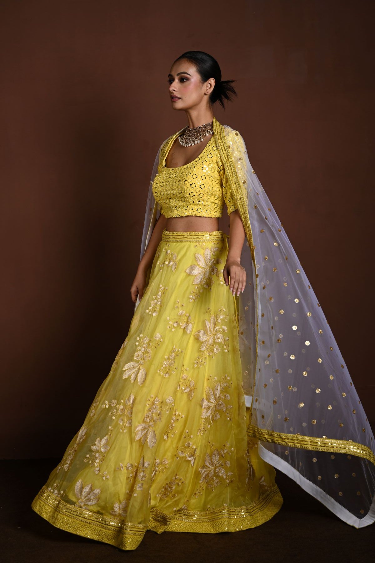 Yellow Lehenga Choli with White Floral Embroidery and White Net Dupatta - Anvi Couture