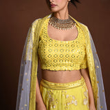 Yellow Lehenga Choli with White Floral Embroidery and White Net Dupatta - Anvi Couture
