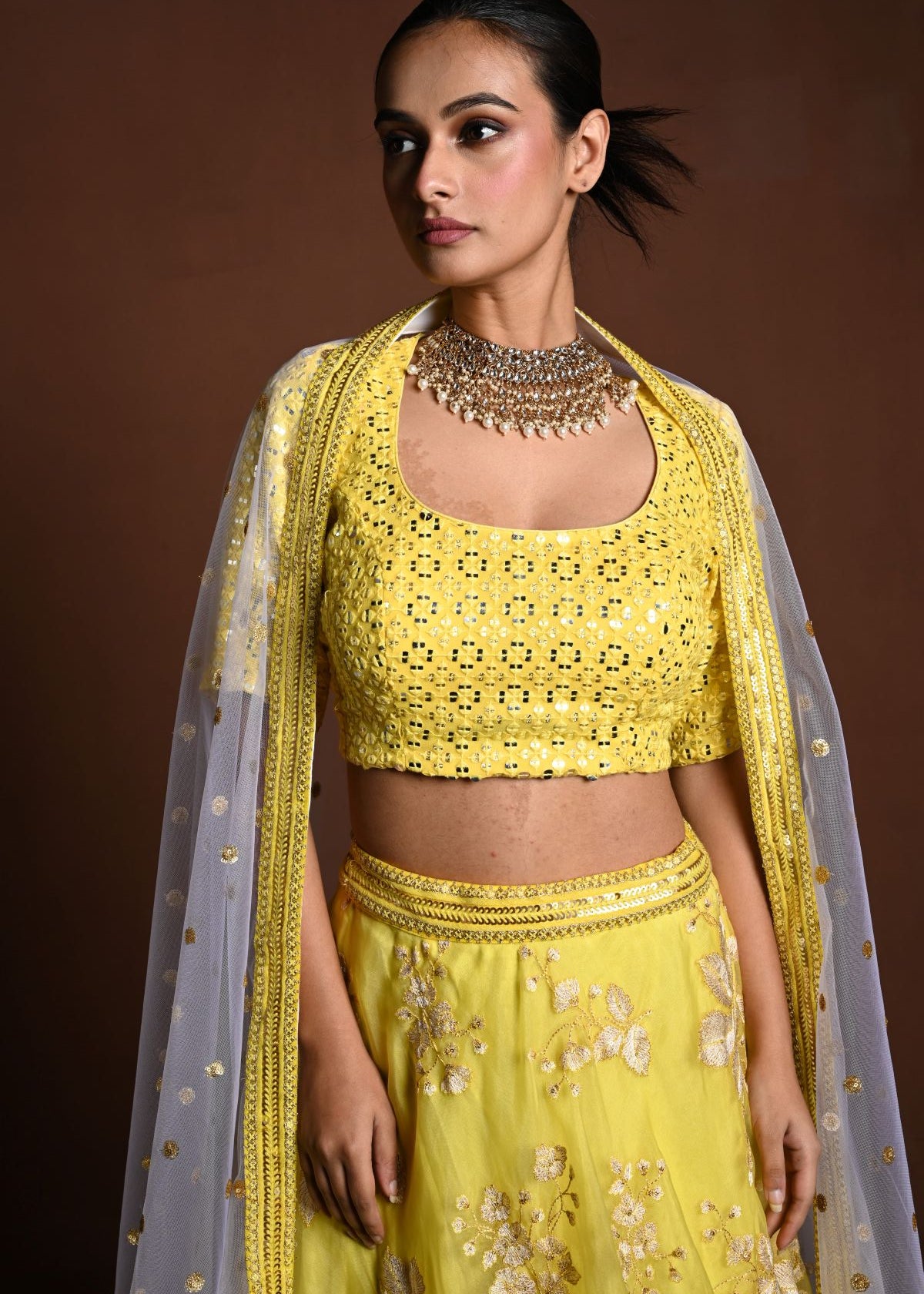 Yellow Lehenga Choli with White Floral Embroidery and White Net Dupatta - Anvi Couture