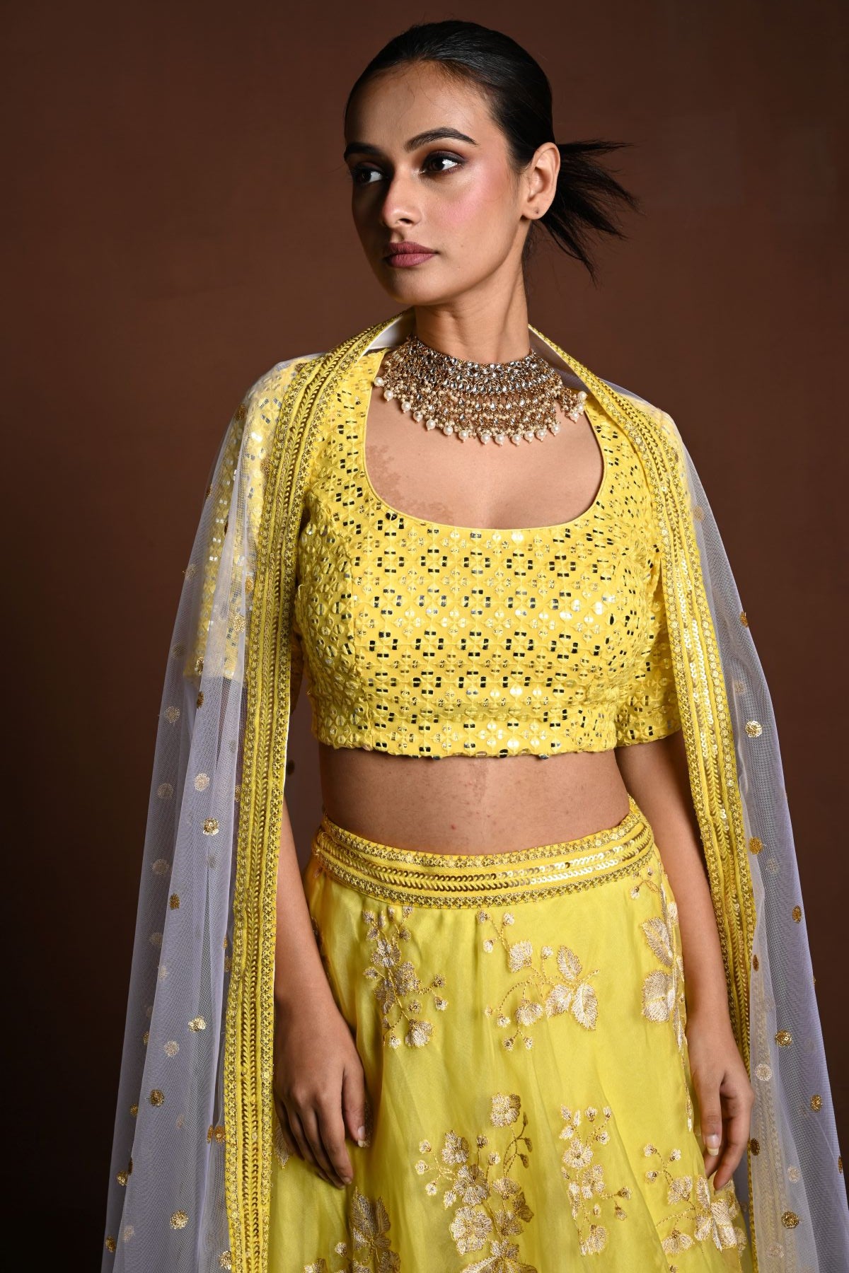 Yellow Lehenga Choli with White Floral Embroidery and White Net Dupatta - Anvi Couture