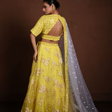 Yellow Lehenga Choli with White Floral Embroidery and White Net Dupatta - Anvi Couture