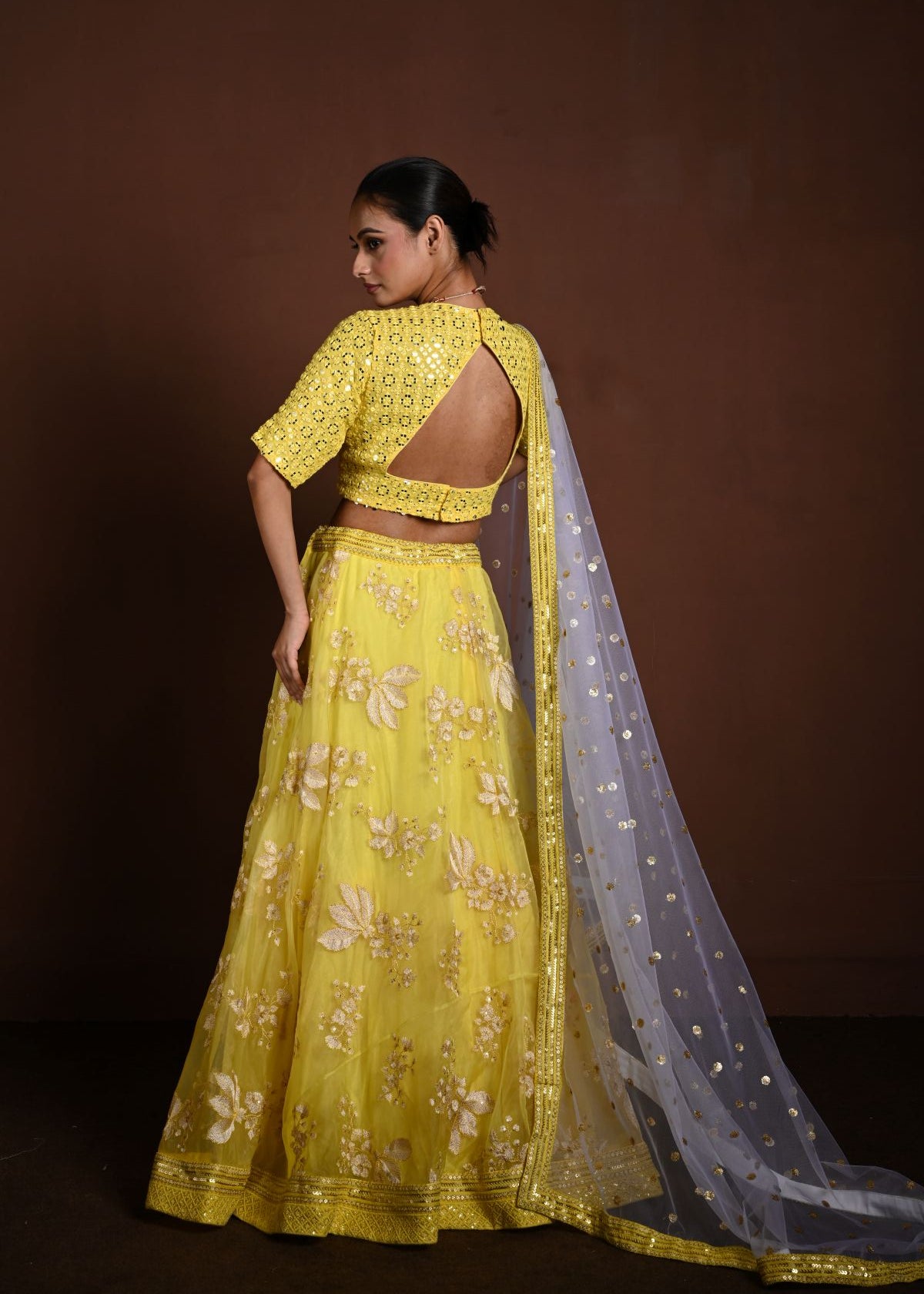 Yellow Lehenga Choli with White Floral Embroidery and White Net Dupatta - Anvi Couture