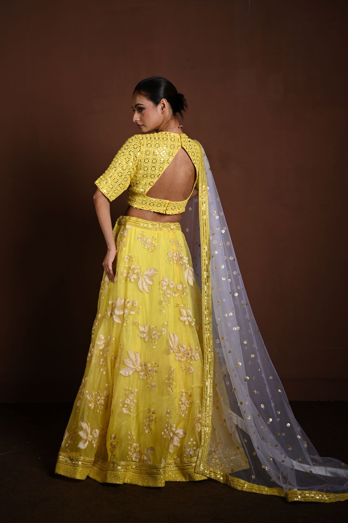 Yellow Lehenga Choli with White Floral Embroidery and White Net Dupatta - Anvi Couture