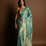Aqua Blue Mashru Satin Silk Silver Zari Banarasi Handloom Saree - Anvi Couture
