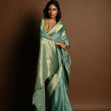 Aqua Blue Mashru Satin Silk Silver Zari Banarasi Handloom Saree - Anvi Couture