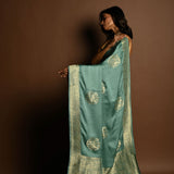Aqua Blue Mashru Satin Silk Silver Zari Banarasi Handloom Saree - Anvi Couture