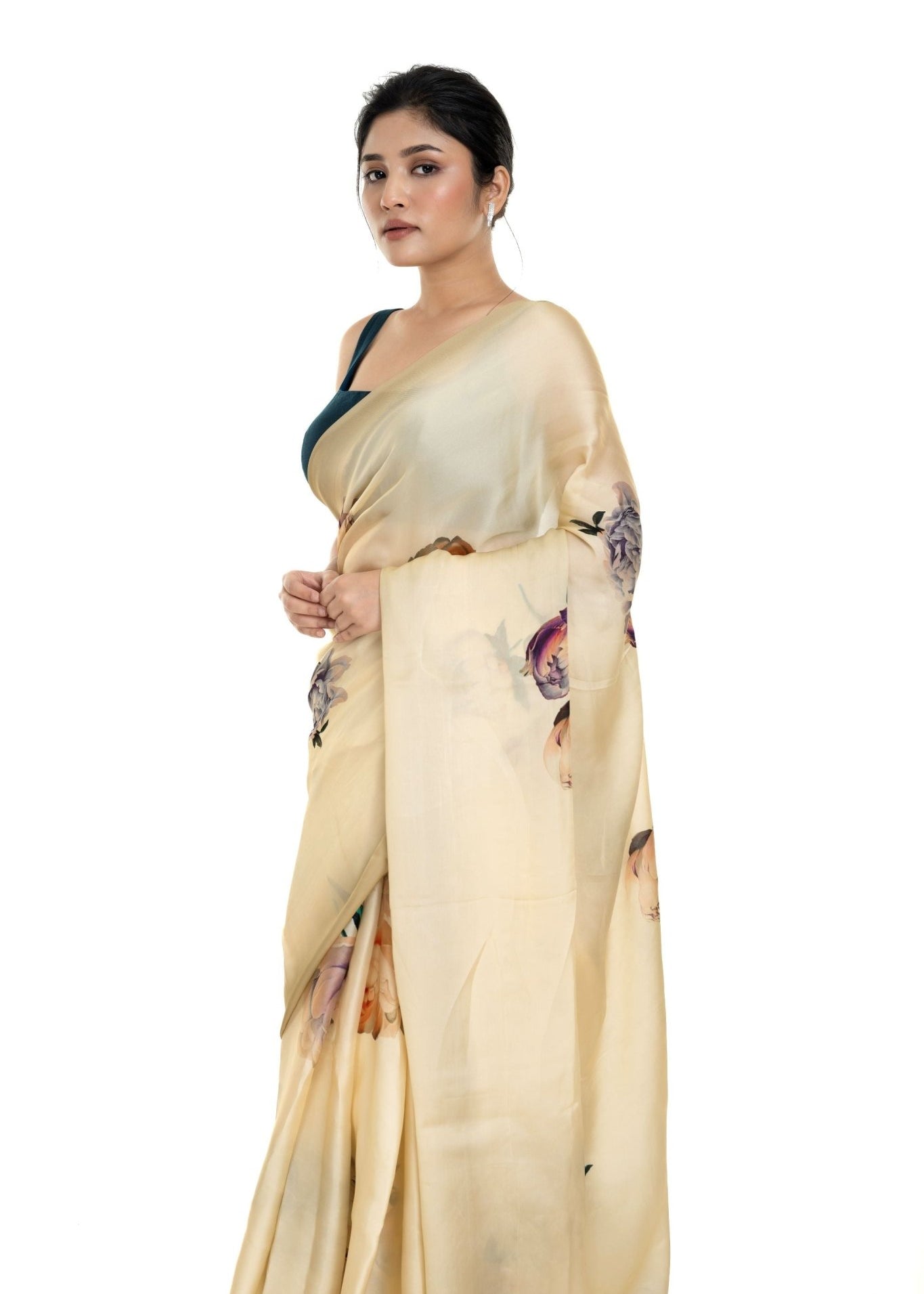 Ivory White Floral Painted Pure Organza Silk with Unstitch Blouse Piece - Image 2