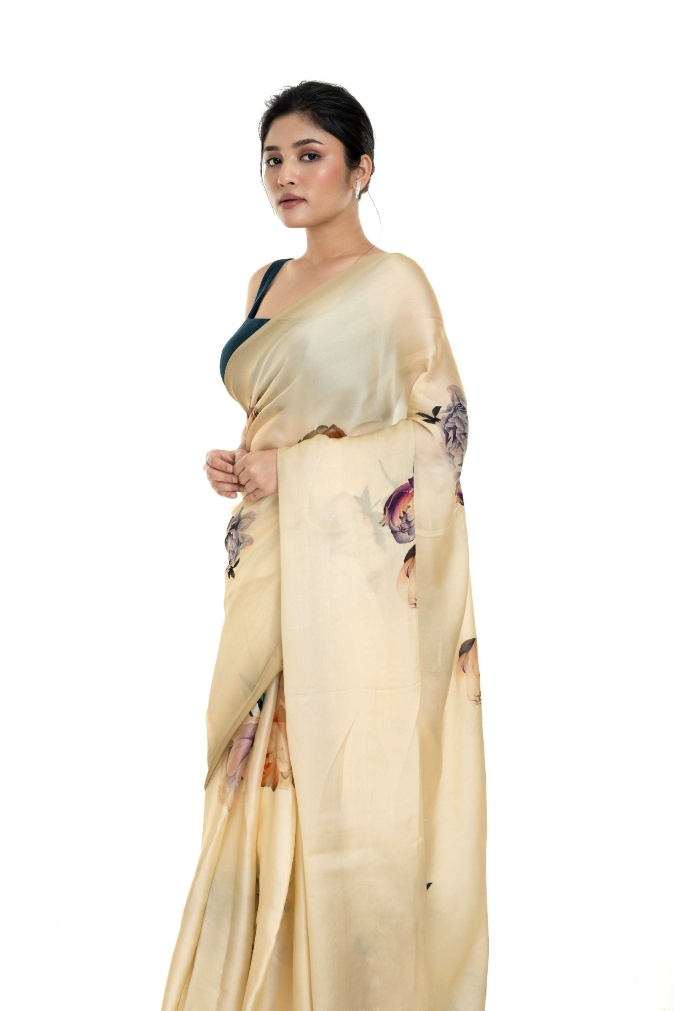 Ivory White Floral Painted Pure Organza Silk with Unstitch Blouse Piece - Image 2