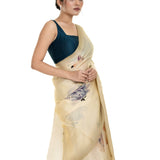 Ivory White Floral Painted Pure Organza Silk with Unstitch Blouse Piece - Image 3