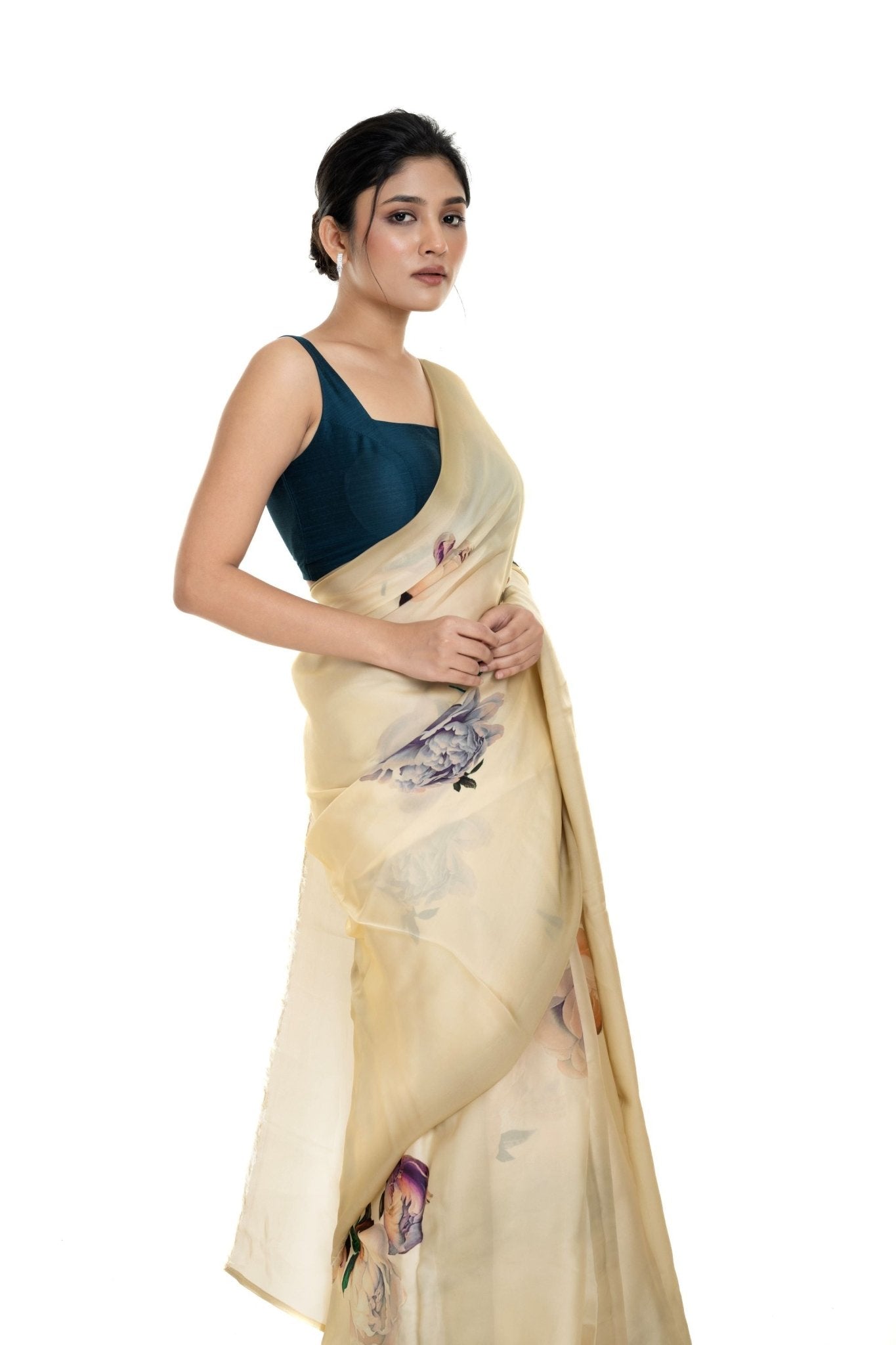 Ivory White Floral Painted Pure Organza Silk with Unstitch Blouse Piece - Image 3