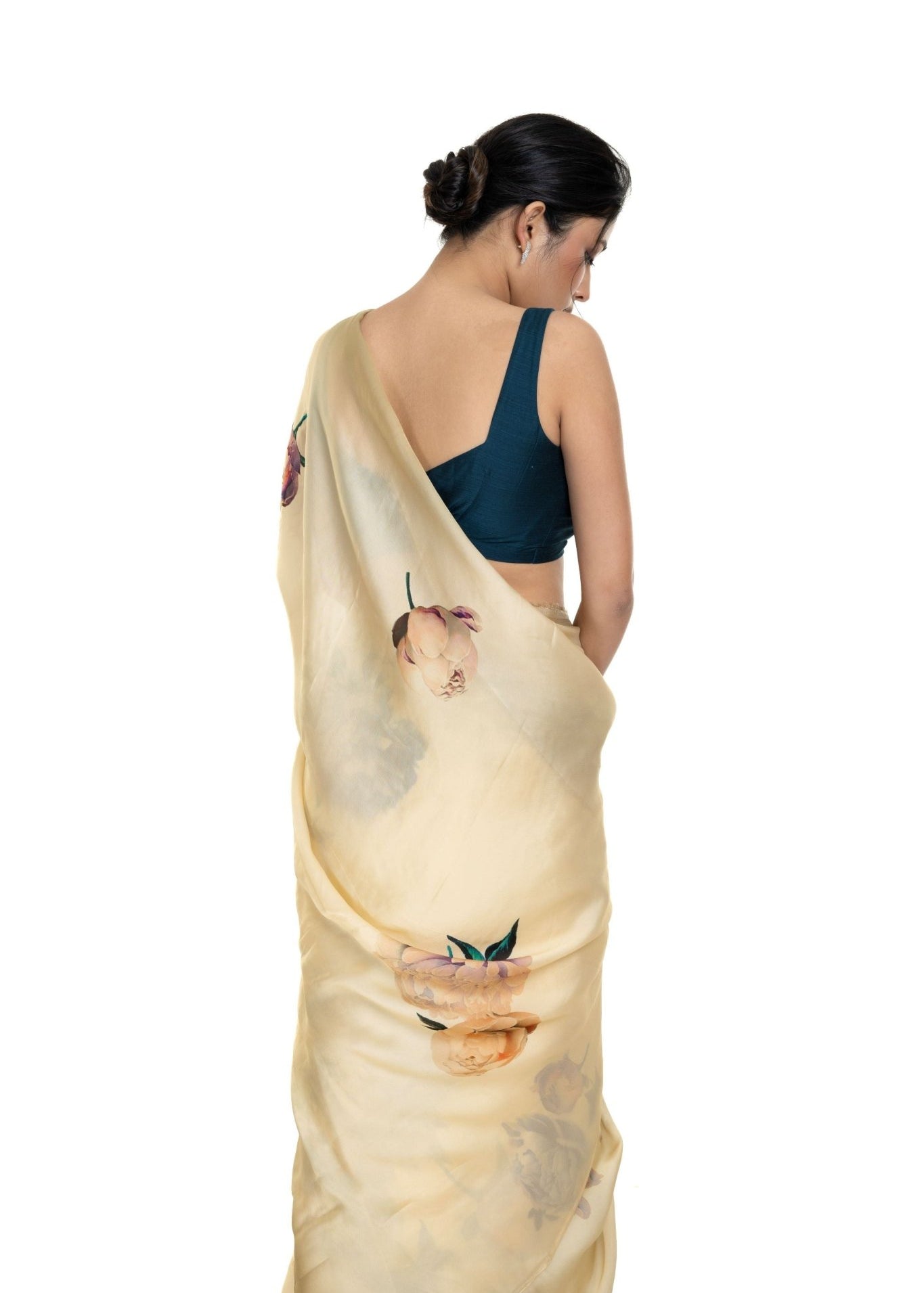 Ivory White Floral Painted Pure Organza Silk with Unstitch Blouse Piece - Image 4