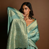 Aqua Blue Mashru Satin Silk Silver Zari Banarasi Handloom Saree - Anvi Couture